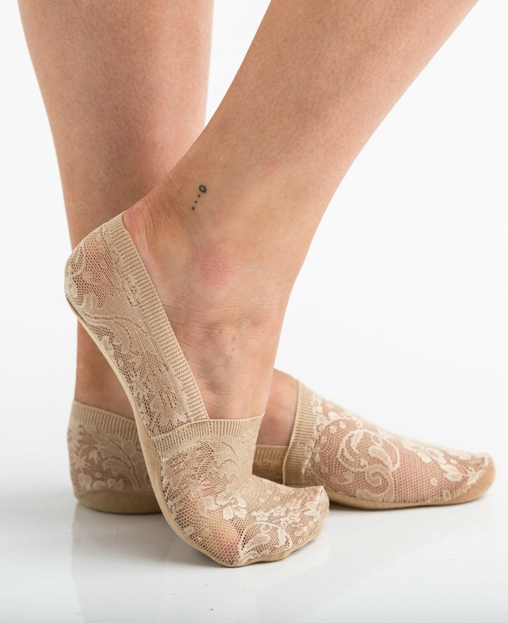 Beige No Slip Floral Lace Sneaker Socks 3 Pack | Anekay