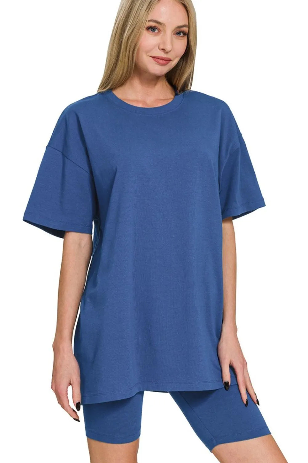 Lt Navy Zenana Cotton Round Neck Top Biker Shorts 1