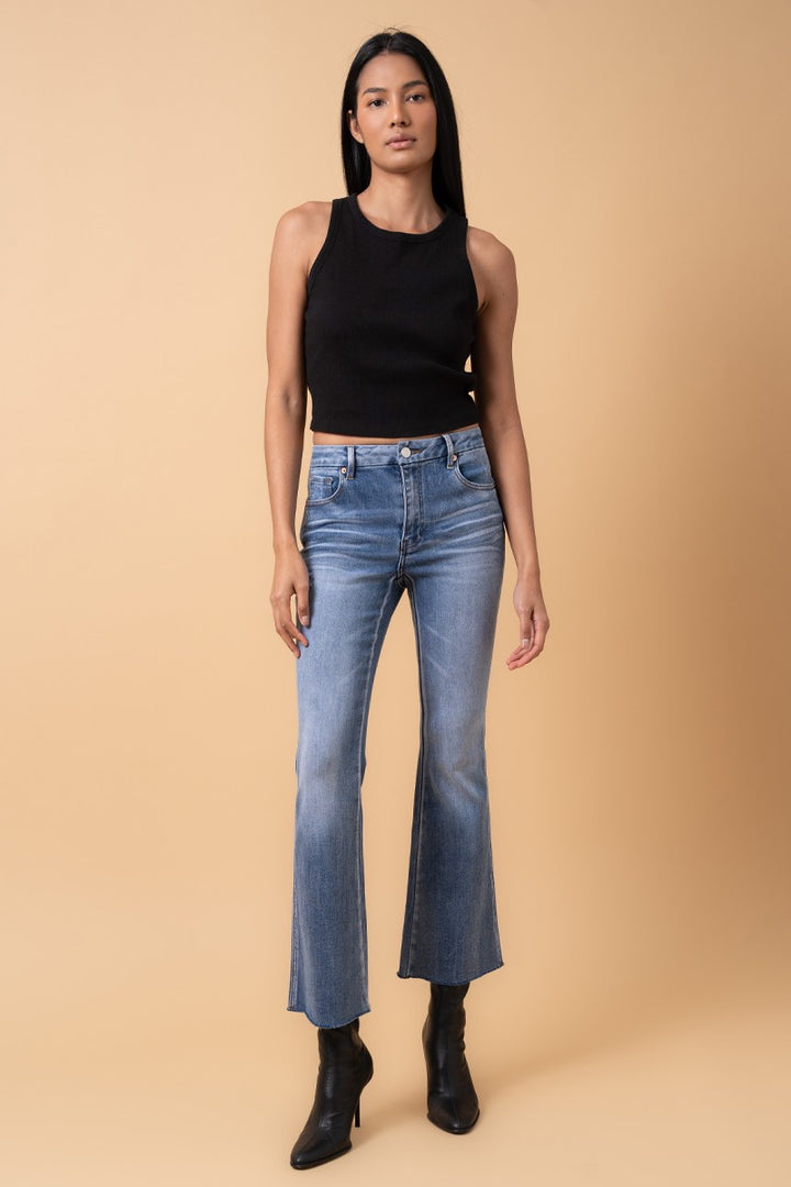 Dark Denim Mid Rise Crop Flare