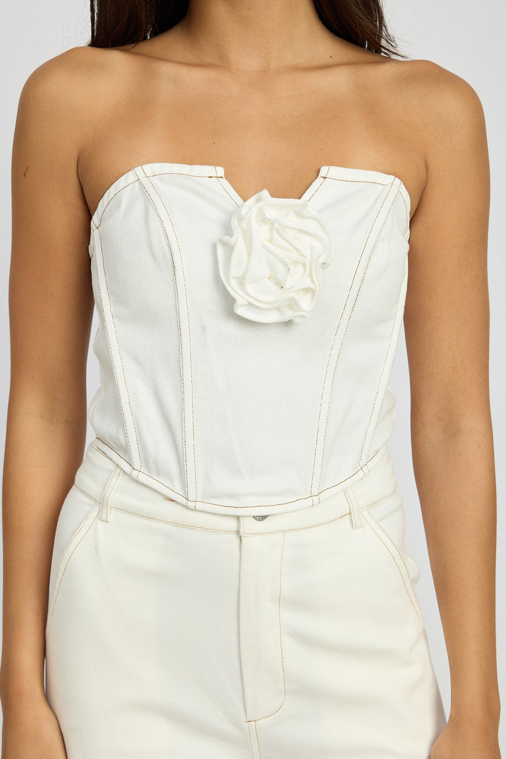 White Denim Corset Top With Rosette Detail