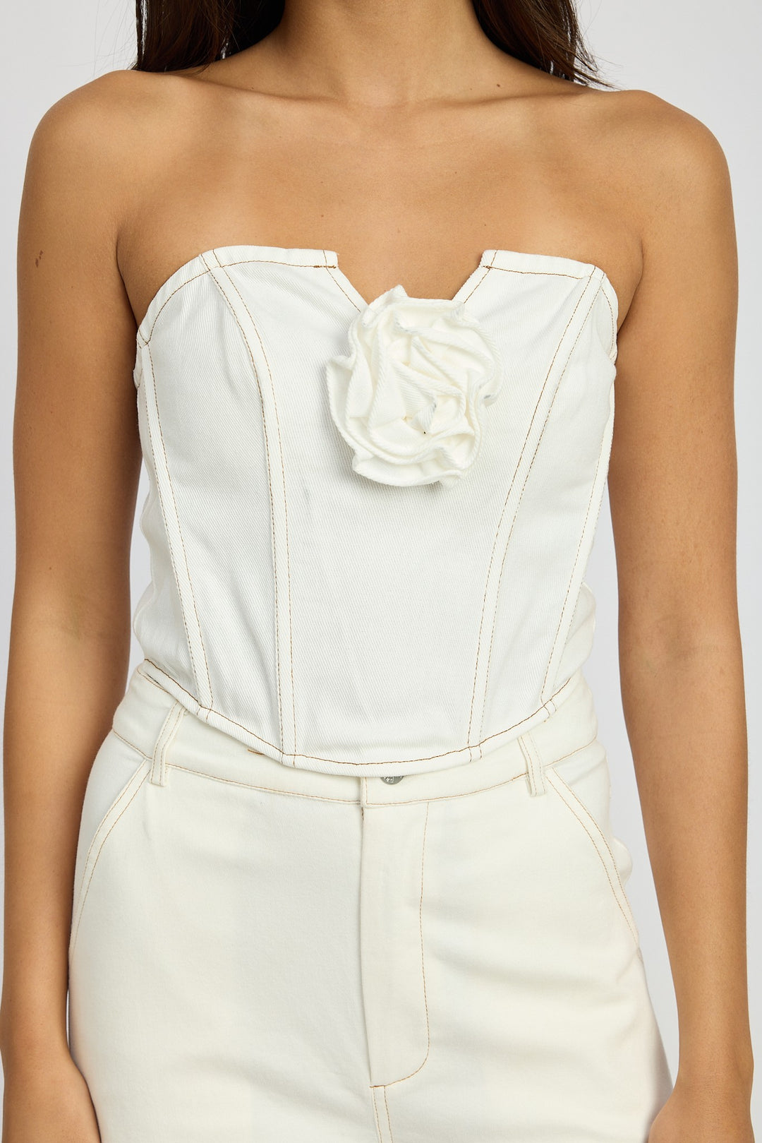White Denim Corset Top With Rosette Detail