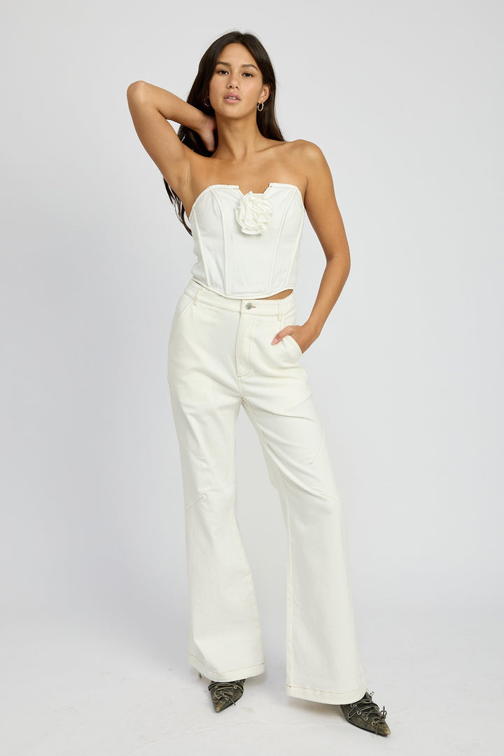 White Denim Corset Top With Rosette Detail