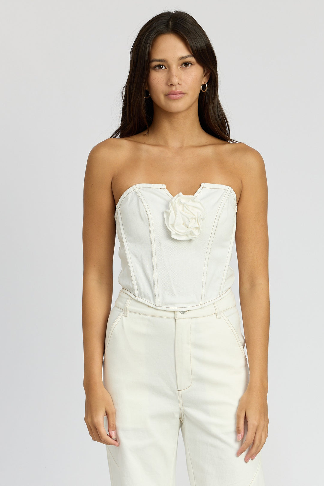 White Denim Corset Top With Rosette Detail