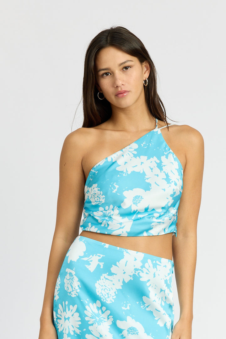 Turquoise Wildflower Print One Shoulder Top