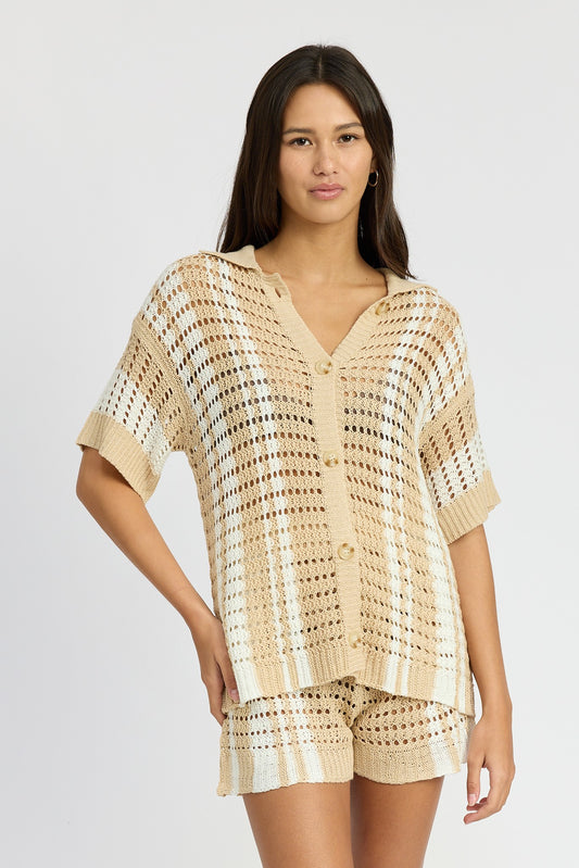 Natural Stripe Button Up Striped Crochet Top