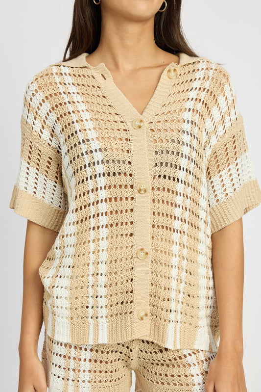 Natural Stripe Button Up Striped Crochet Top