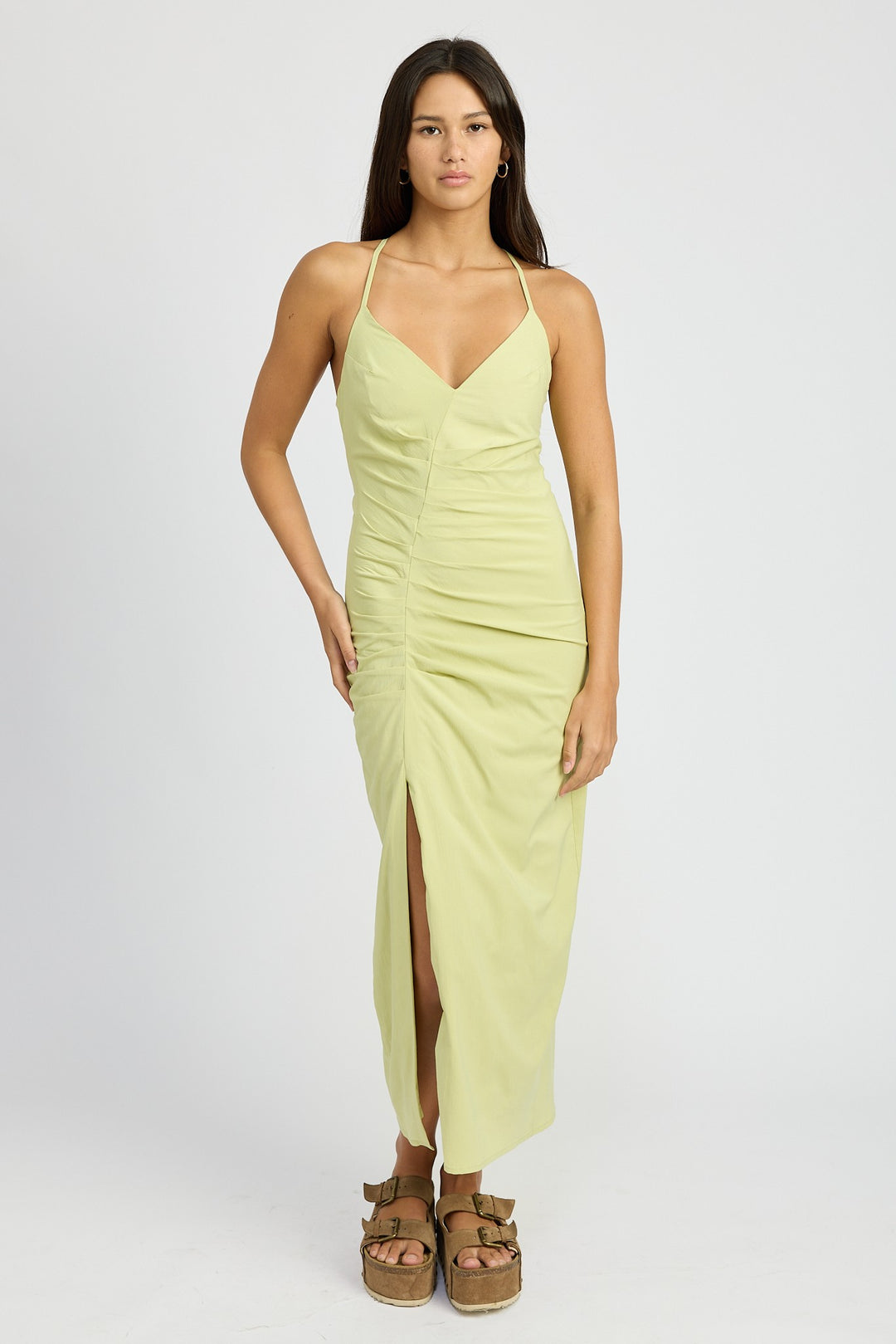 Sage Ruched Satin Dress With Crossed Back
