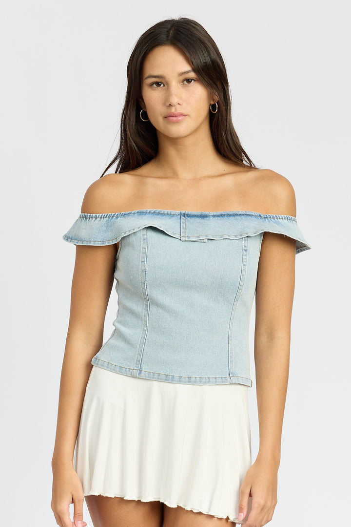 Lt Denim Off Shouder Bustier Top With Back Zipper