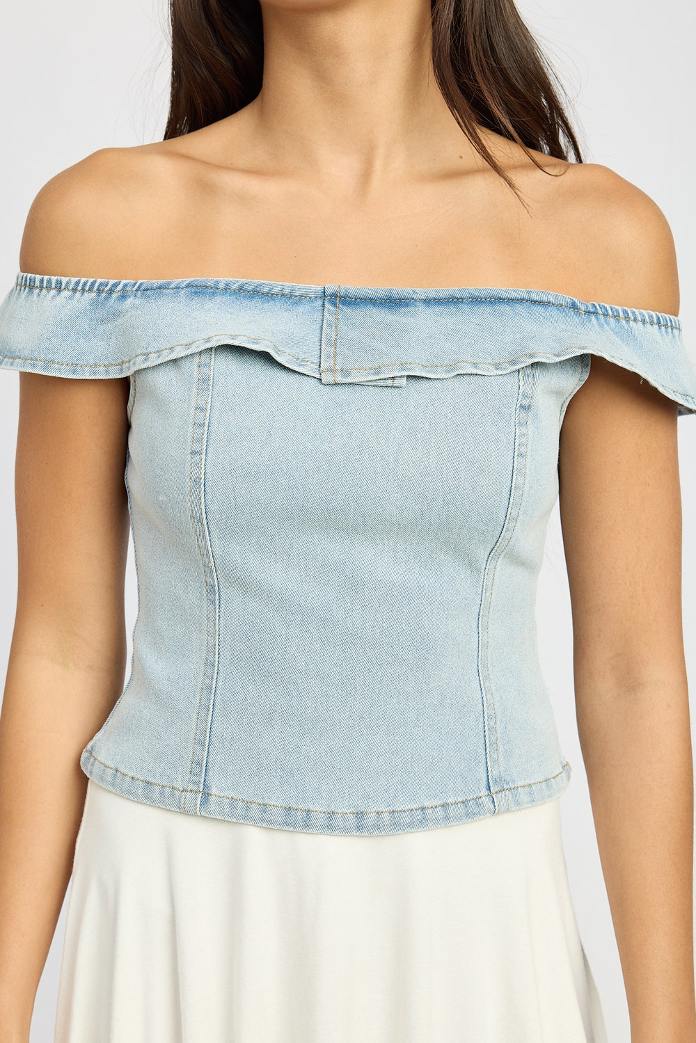 Lt Denim Off Shouder Bustier Top With Back Zipper