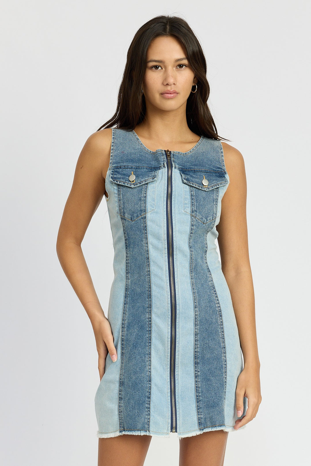 Denim Combo Color Block Denim Mini Dress