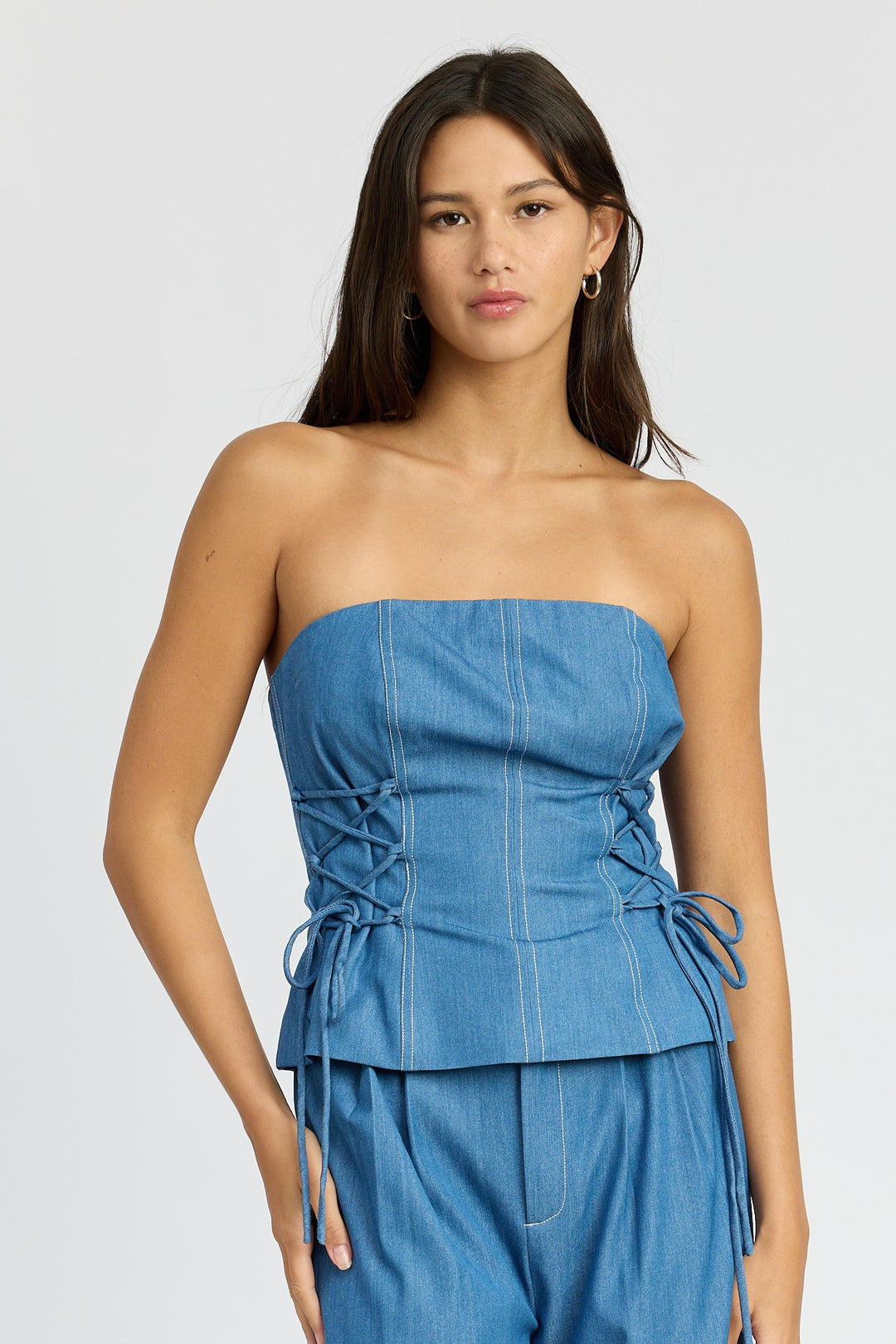 Med Denim Tube Top With Side Lace Up Detail