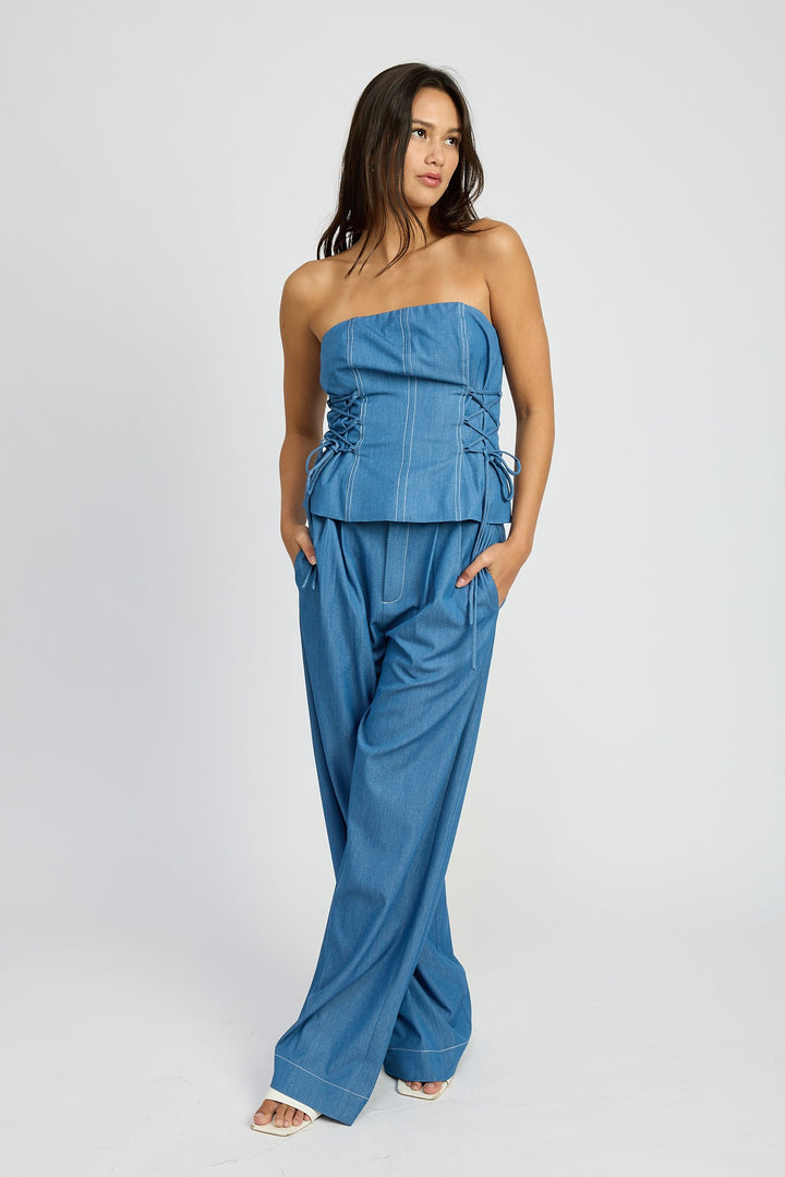 Med Denim Tube Top With Side Lace Up Detail