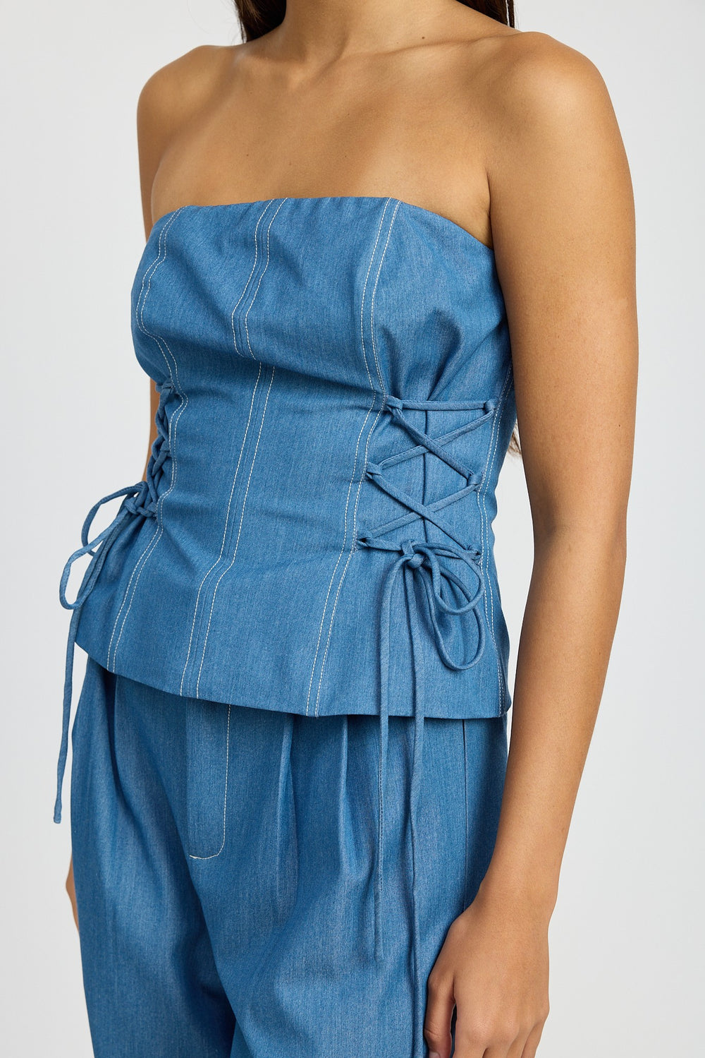 Med Denim Tube Top With Side Lace Up Detail