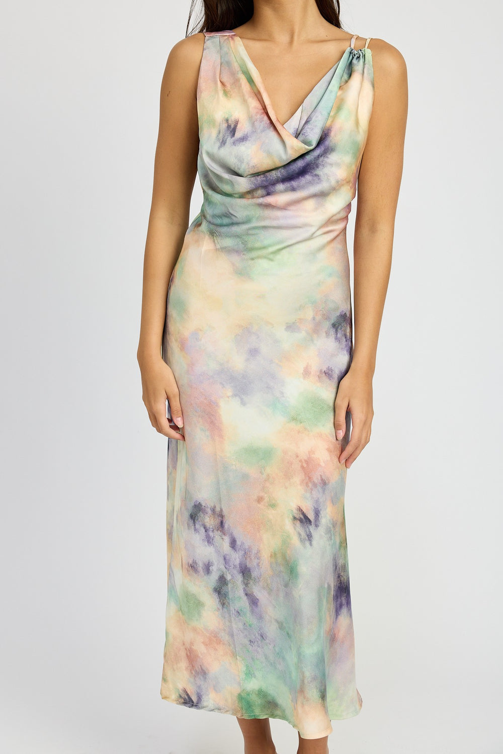 Multi Peach Cowl Neck Midi Bias Dress