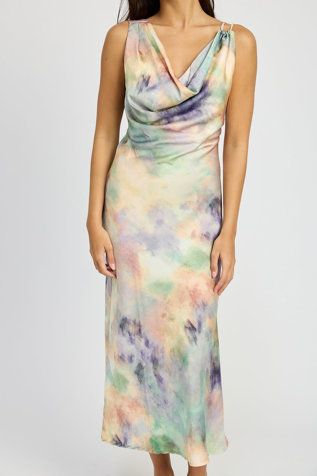 Multi Peach Cowl Neck Midi Bias Dress