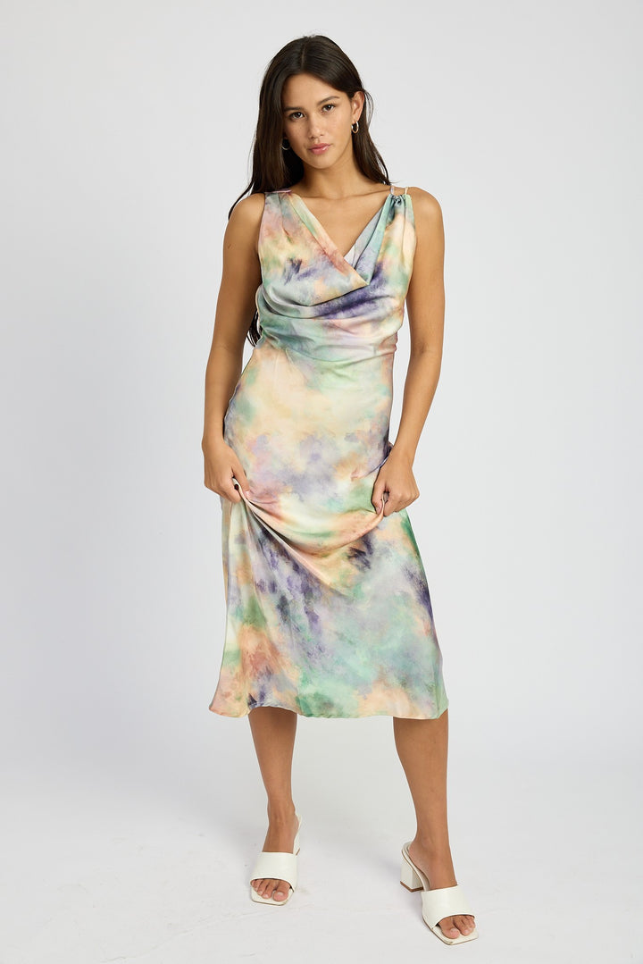 Multi Peach Cowl Neck Midi Bias Dress