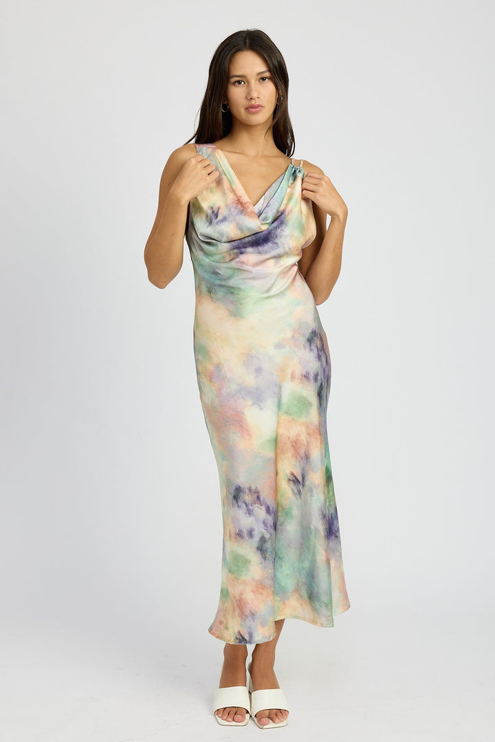 Multi Peach Cowl Neck Midi Bias Dress