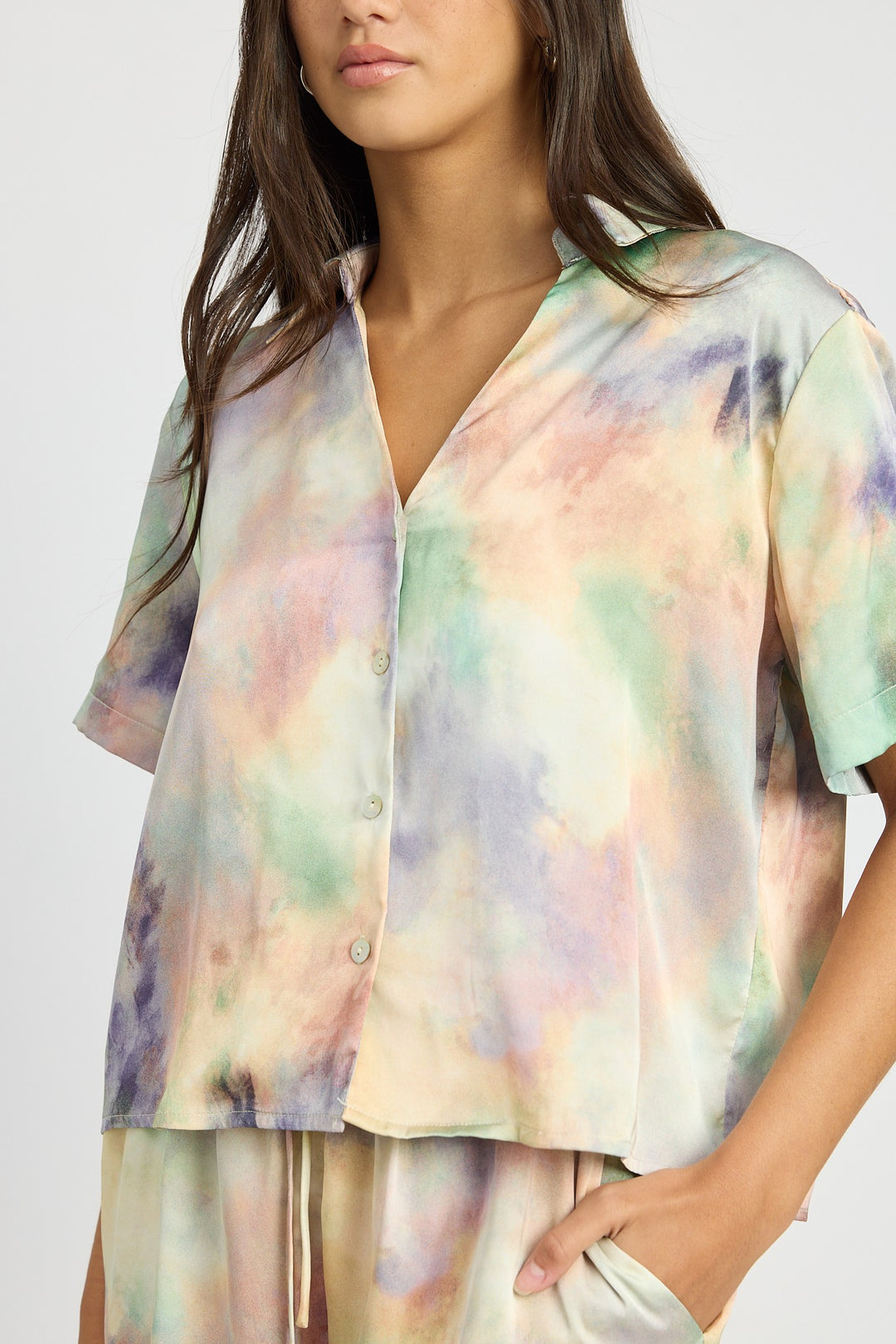 Multi Peach Button Down Cropped Shirt