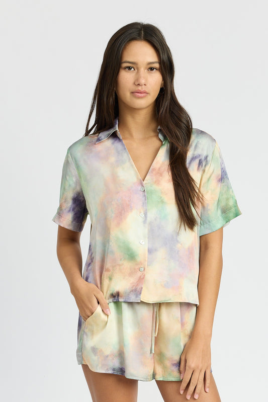 Multi Peach Button Down Cropped Shirt