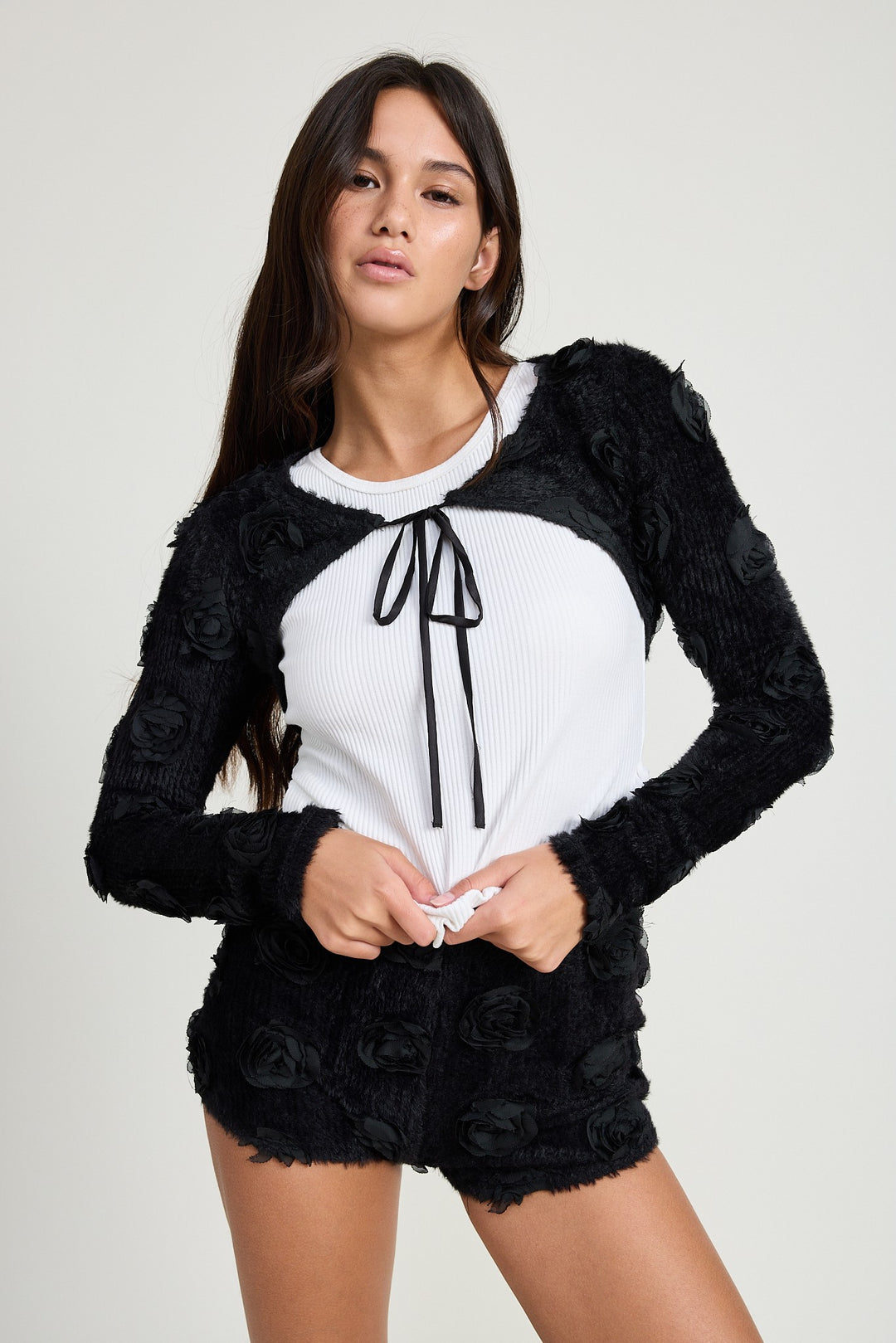 Black Knit Bolero With 3D Rosettes