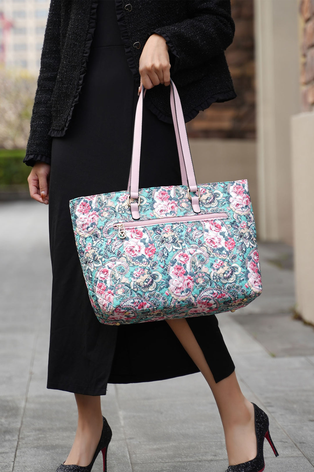 Black Mkf Collection Quilted Cotton Botanical Tote Bag