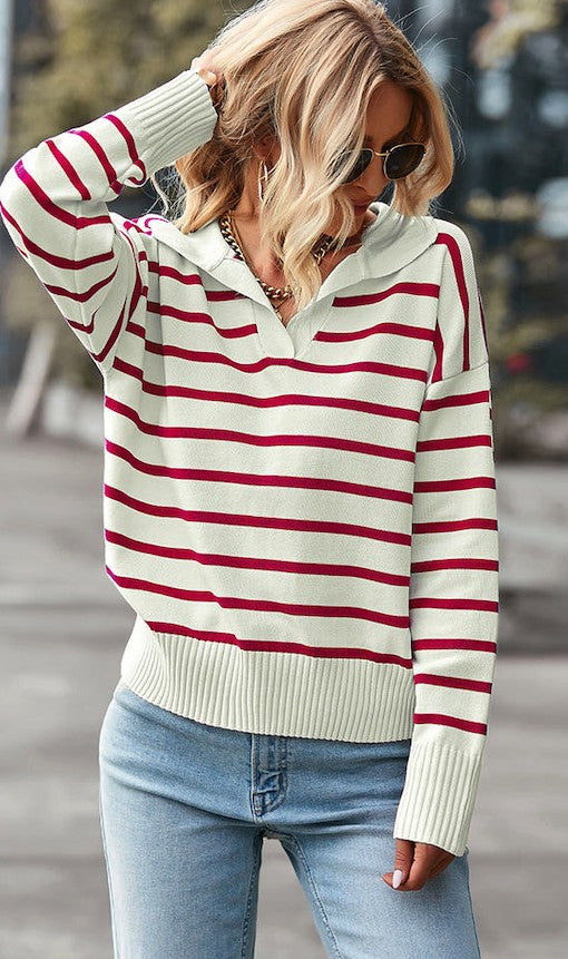 Black V Neck Striped Sweater