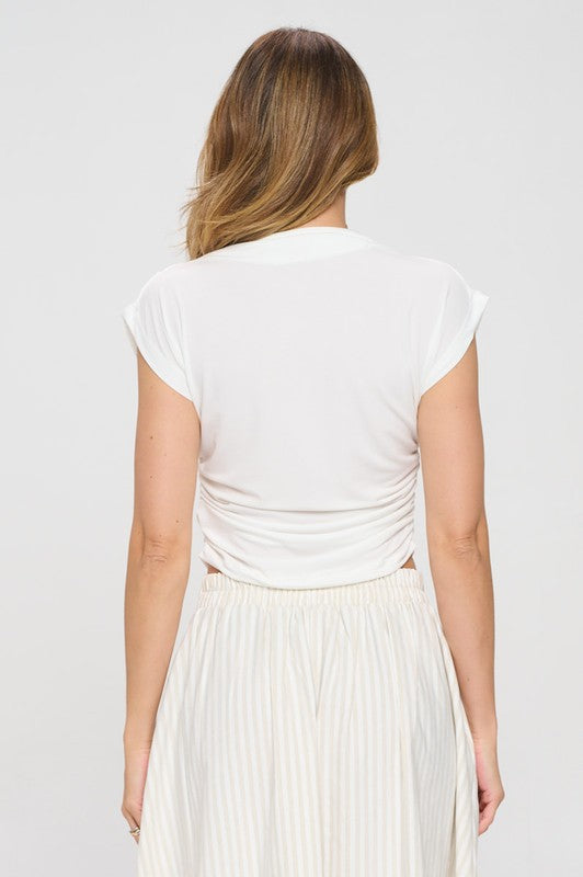 Made In Usa Mock Neck Short Sleeve Ruched Crop Top 2