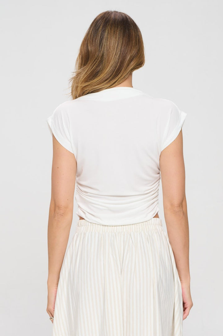 Made In Usa Mock Neck Short Sleeve Ruched Crop Top 2