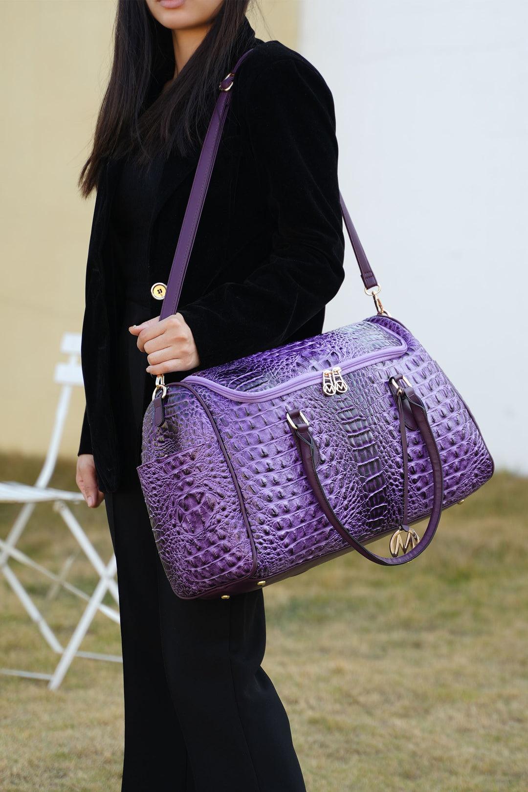 Black Mkf Collection Embossed Vegan Leather Duffle Bag