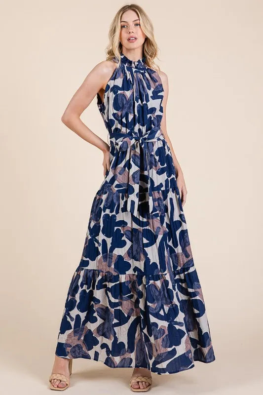 Navy Combo Lime N Chili Abstract Halter Neck Tie Waist Tiered Maxi Dress