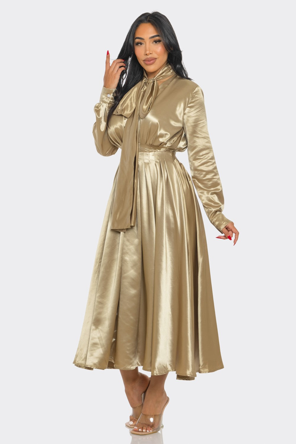 Gold Satin Bow Tie Midi Dress