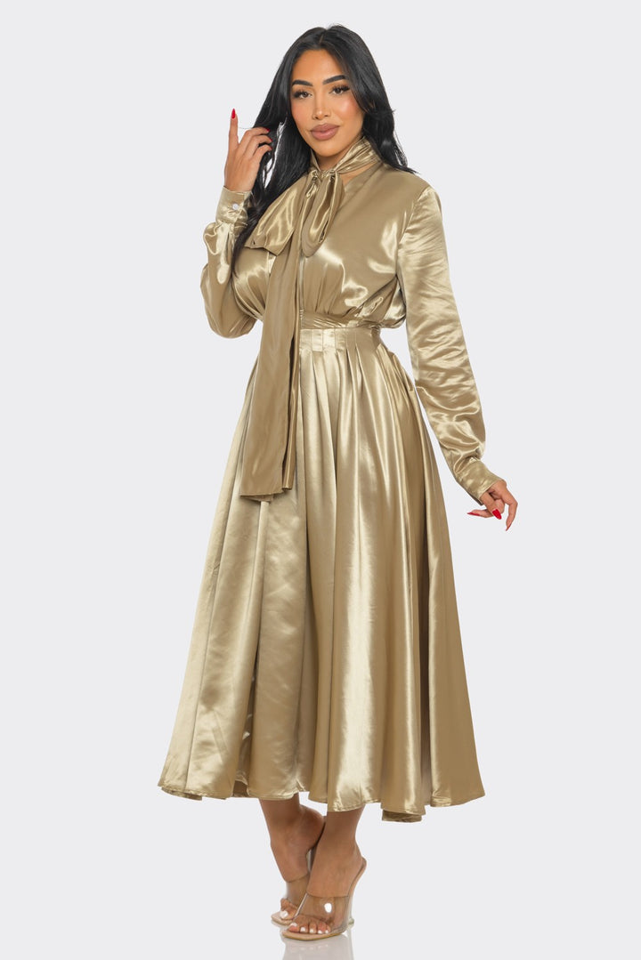 Gold Satin Bow Tie Midi Dress