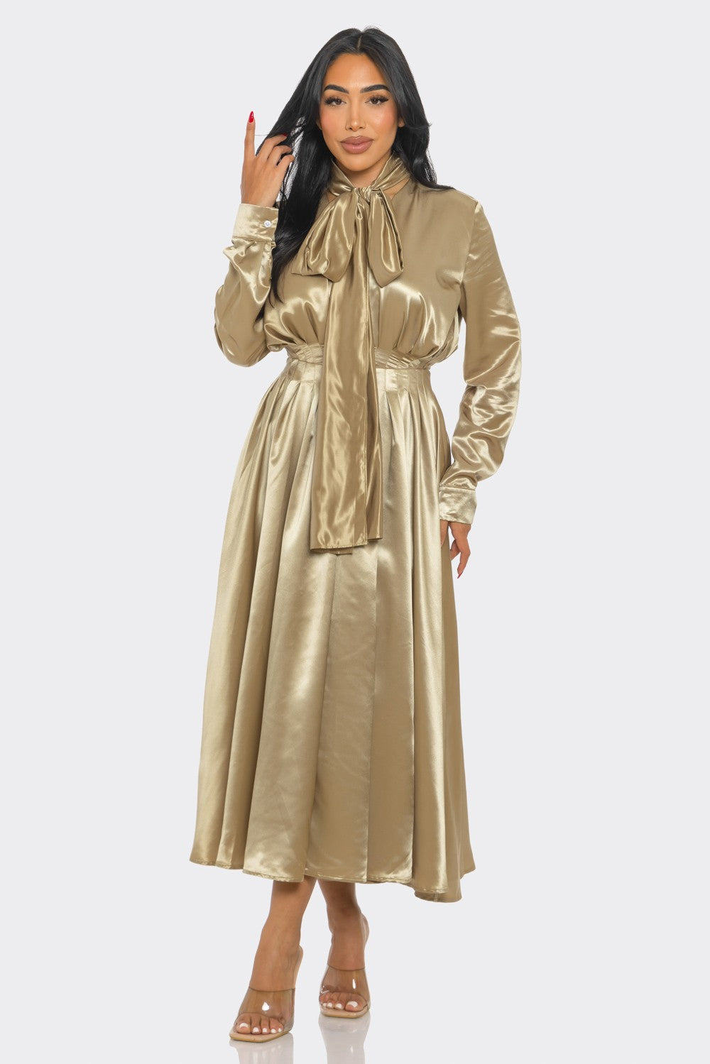 Gold Satin Bow Tie Midi Dress