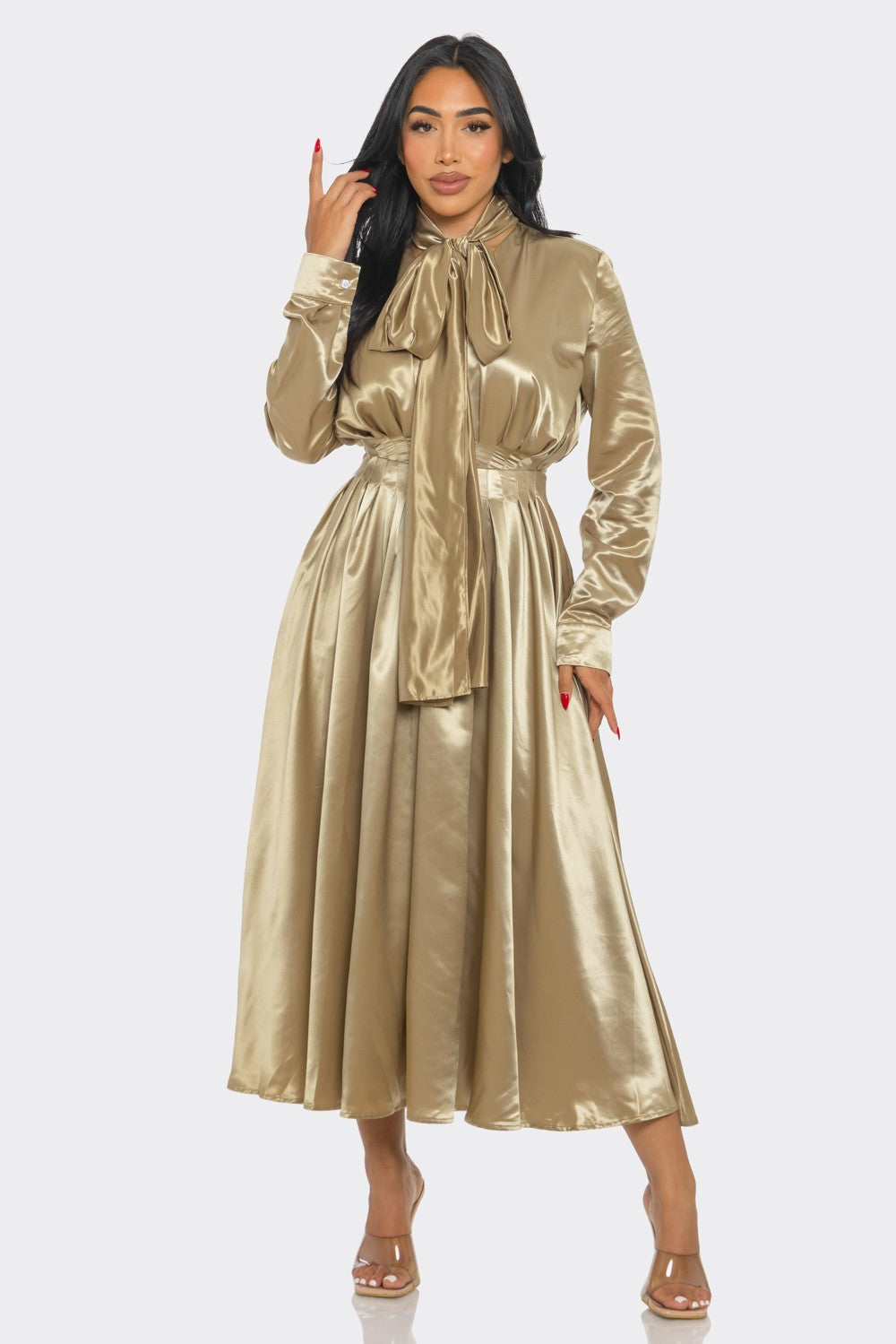 Gold Satin Bow Tie Midi Dress