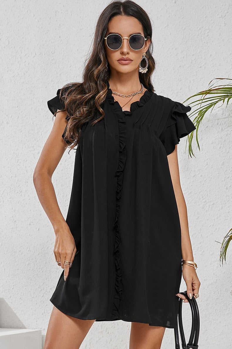 Black Women Ruffle Sleeve V Neck Frilled Shift Dress