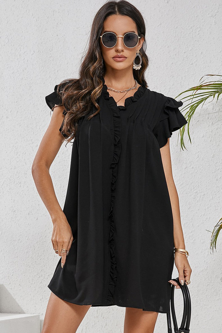 Black Women Ruffle Sleeve V Neck Frilled Shift Dress