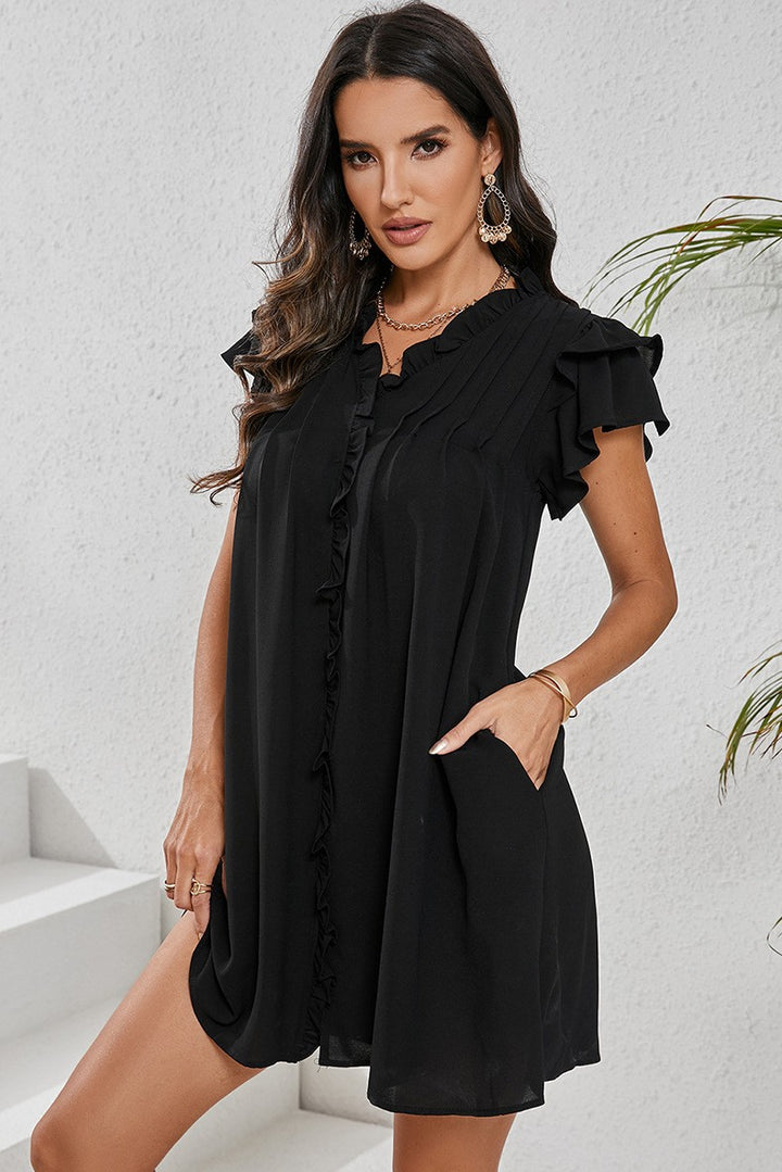 Black Women Ruffle Sleeve V Neck Frilled Shift Dress