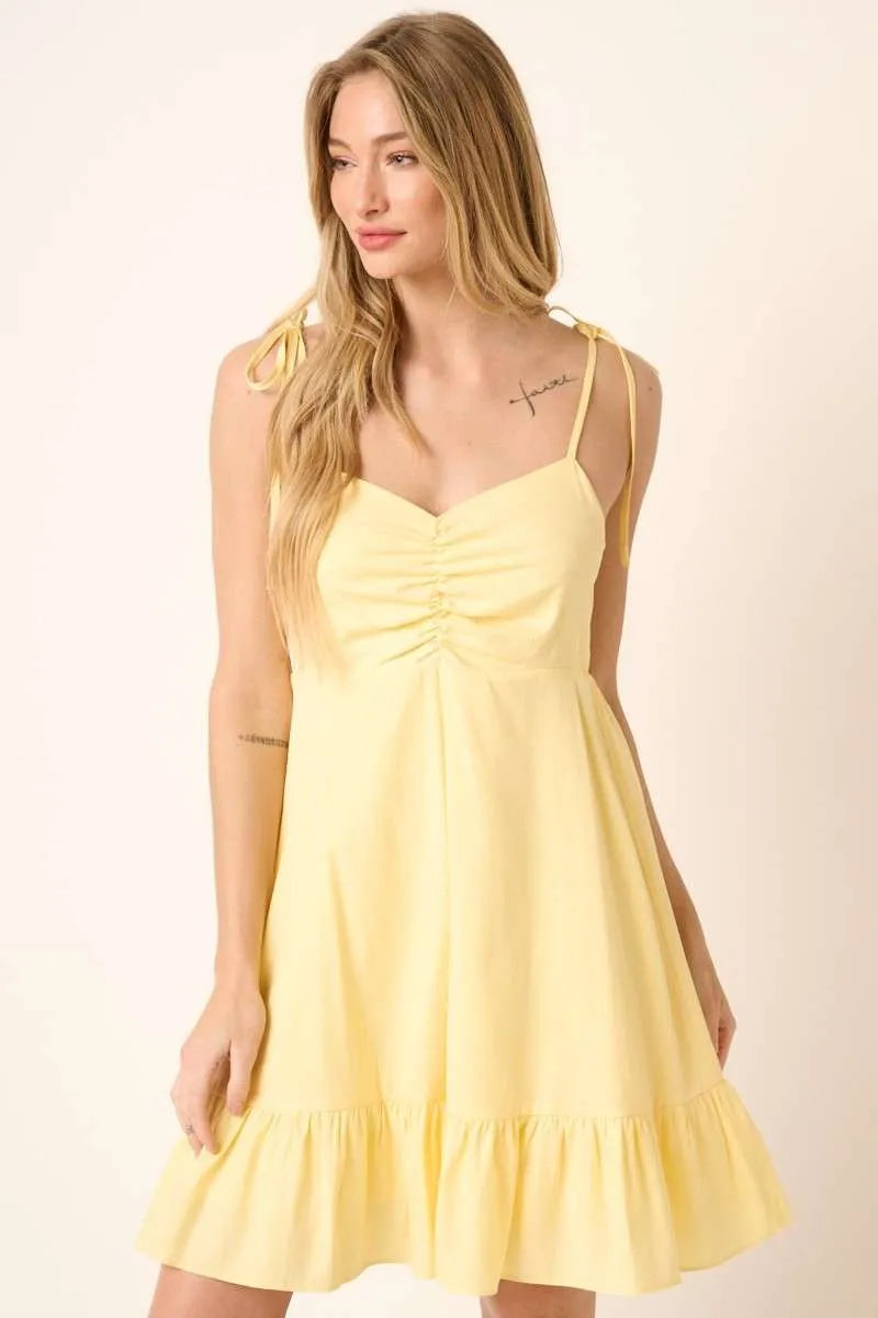 Yellow Mittoshop Ruched Detail Spaghetti Tie Mini Dress