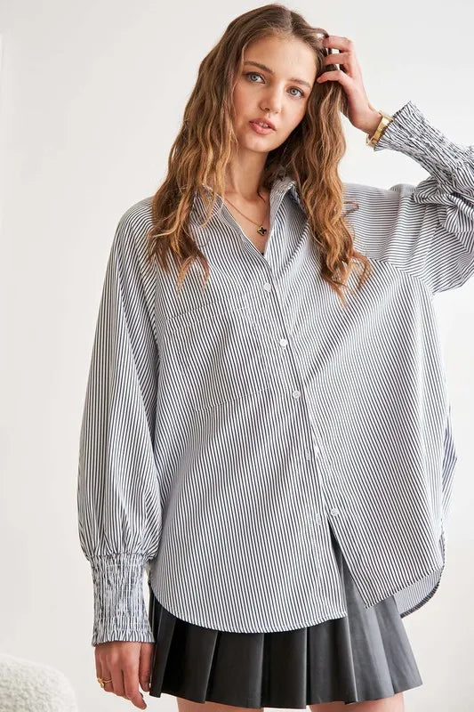 Gray Adora High Low Striped Button Down Smocked Lantern Sleeve Shirt