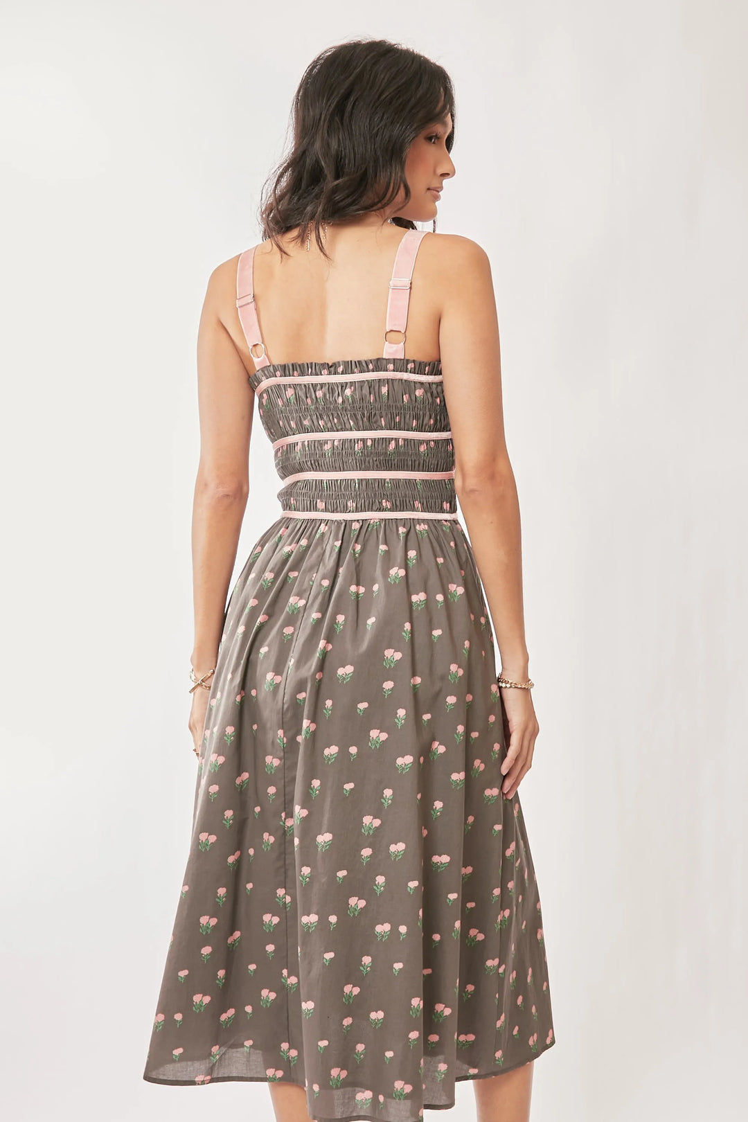 Davi Dani Contrast Velvet Tape Smocking Bodice Midi Dress 1
