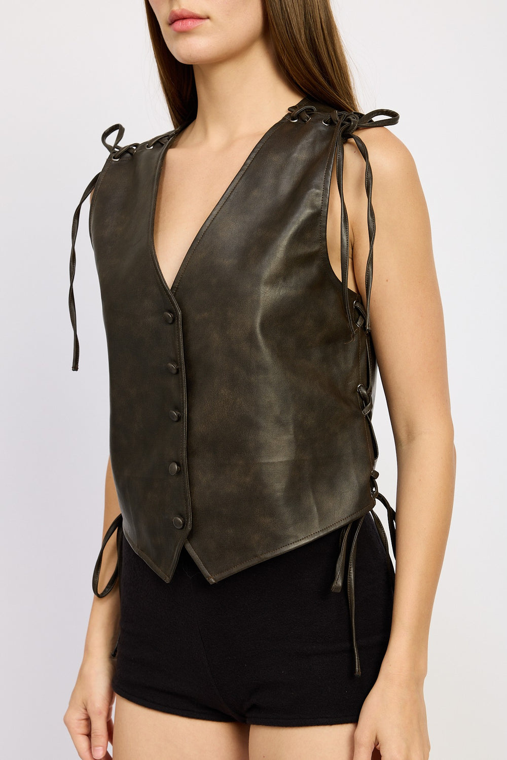 Dark Brown Leather Vest With Lace Detail