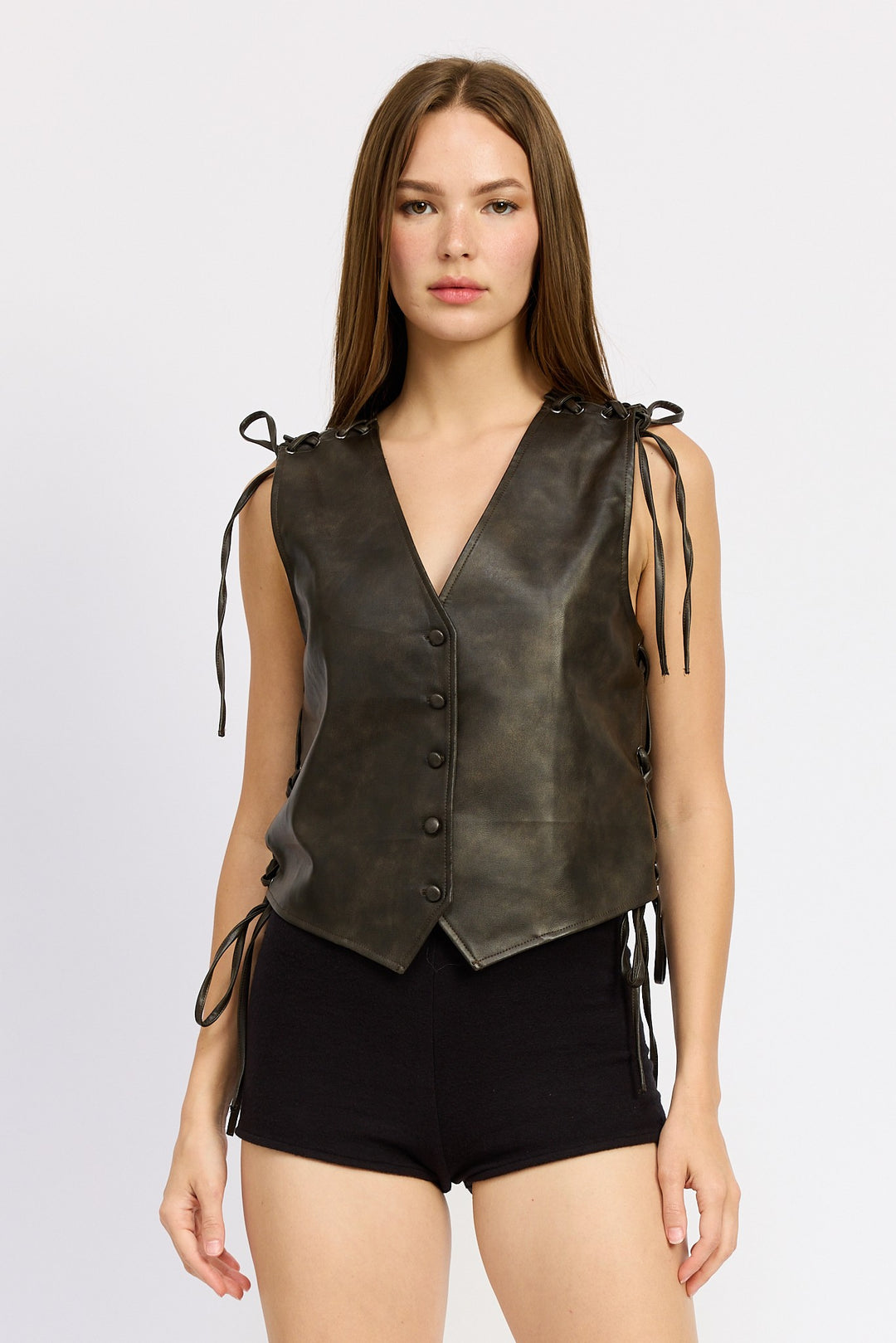 Dark Brown Leather Vest With Lace Detail