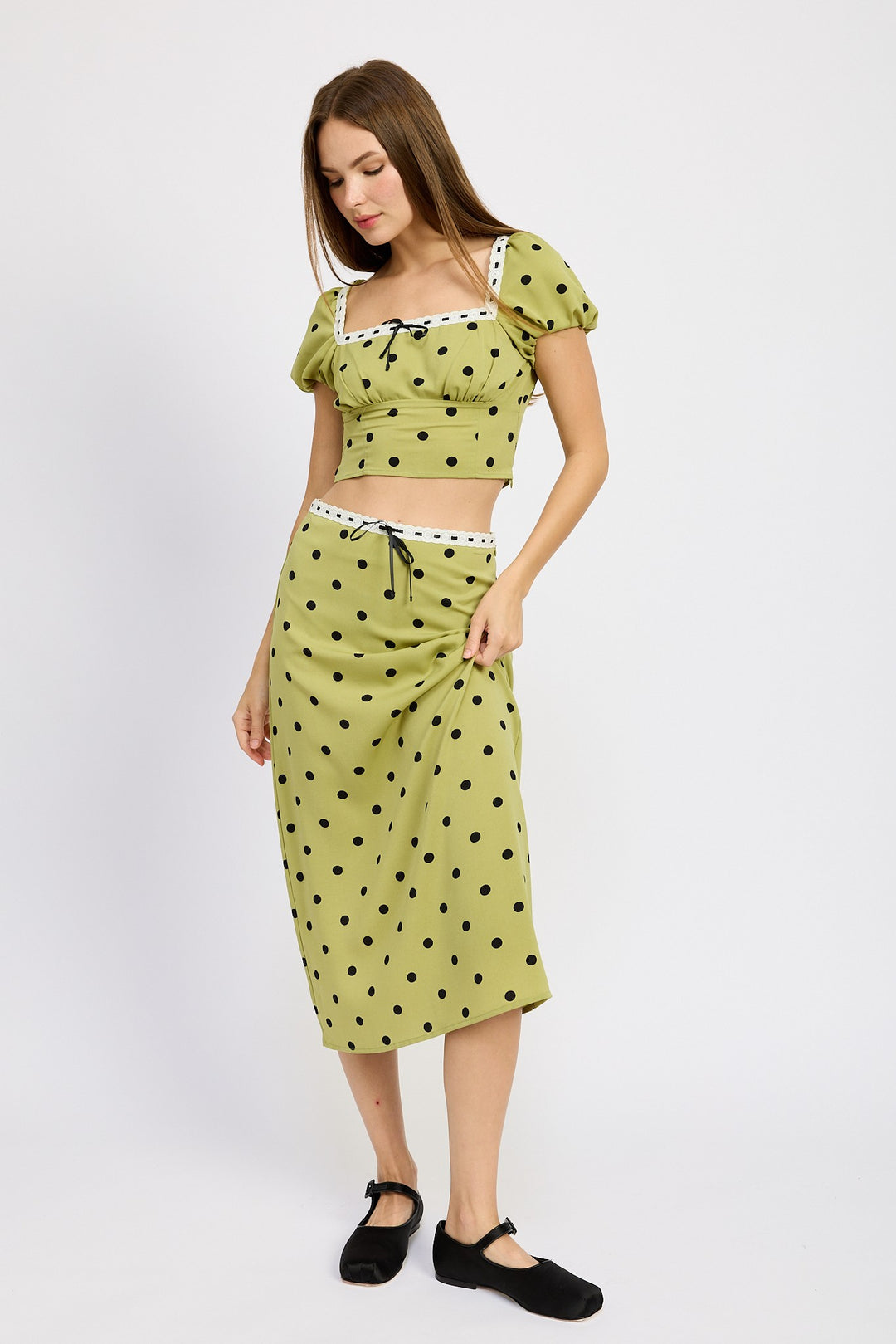 Olive Polka Dot Polka Dot Top With Lace Trim