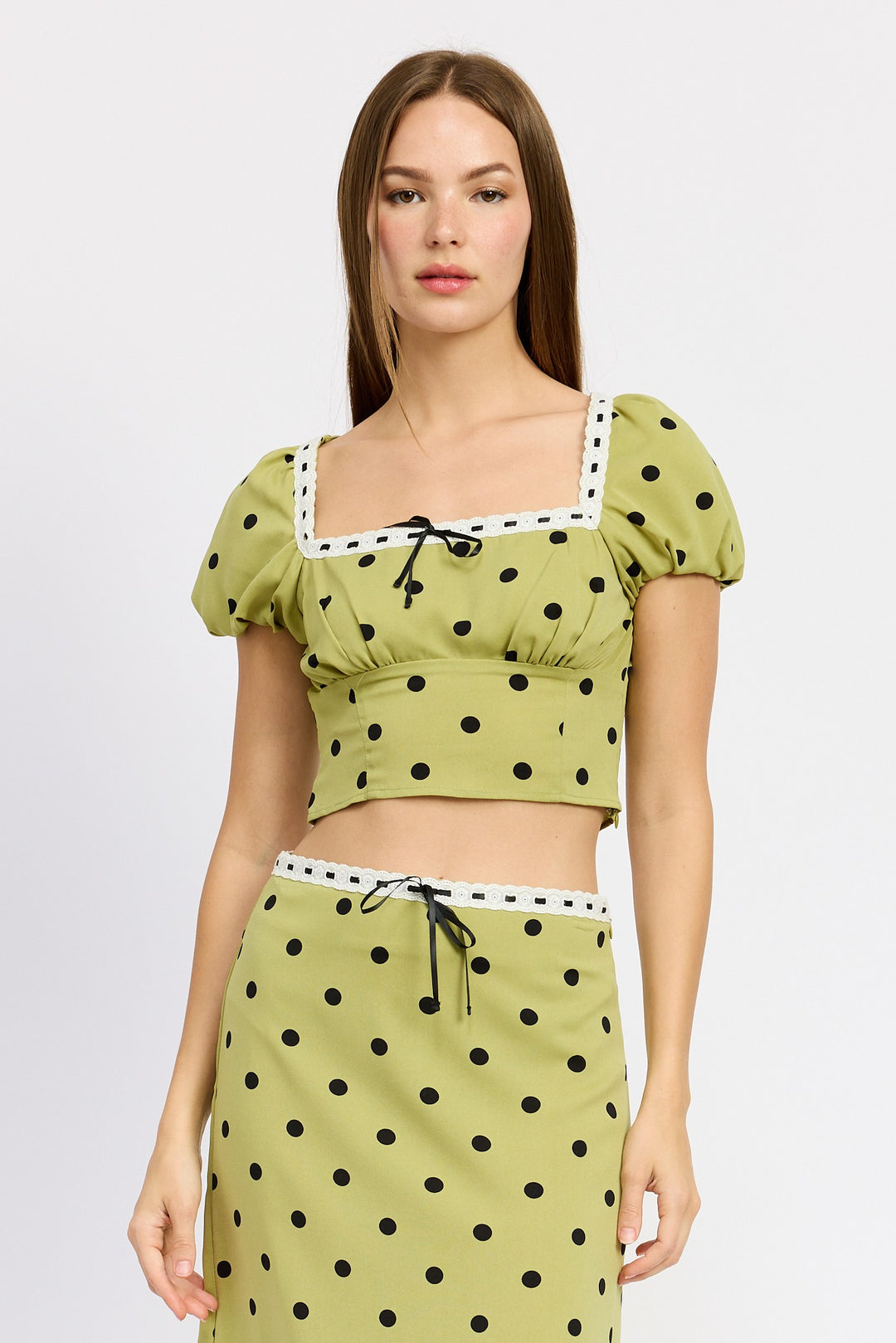 Olive Polka Dot Polka Dot Top With Lace Trim