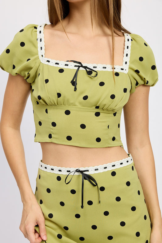 Olive Polka Dot Polka Dot Top With Lace Trim
