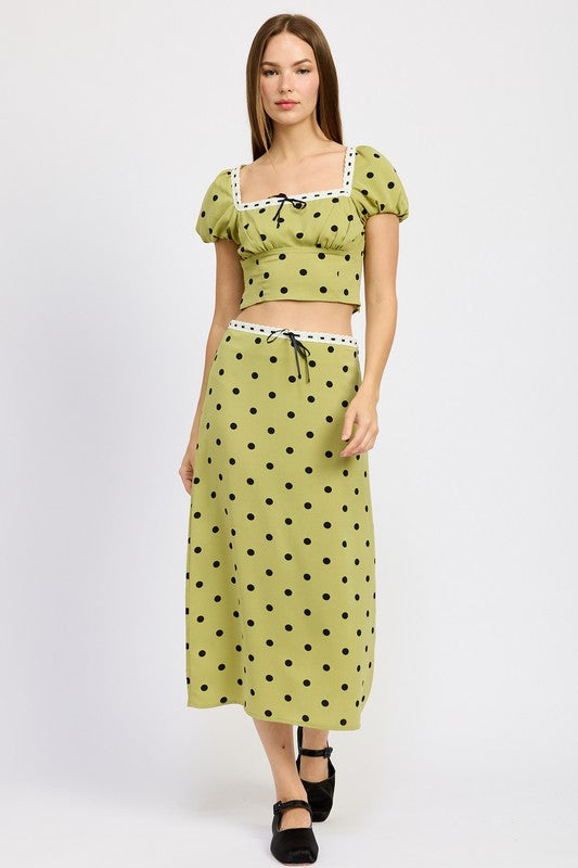 Olive Polka Dot Polka Dot Midi Skirt With Lace Trim