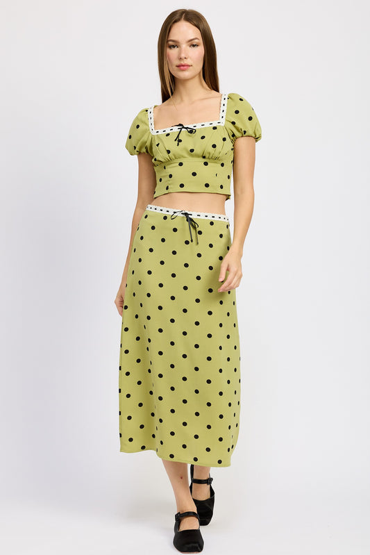Olive Polka Dot Polka Dot Midi Skirt With Lace Trim