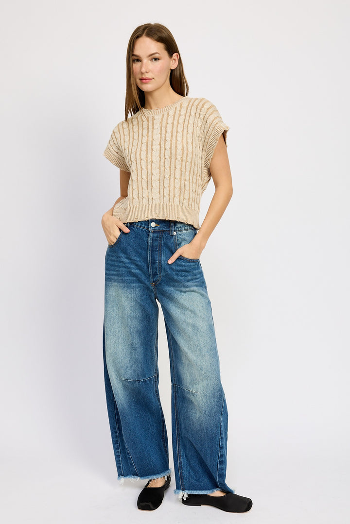 Burgundy Combo Cable Knit Short Sleeve Top