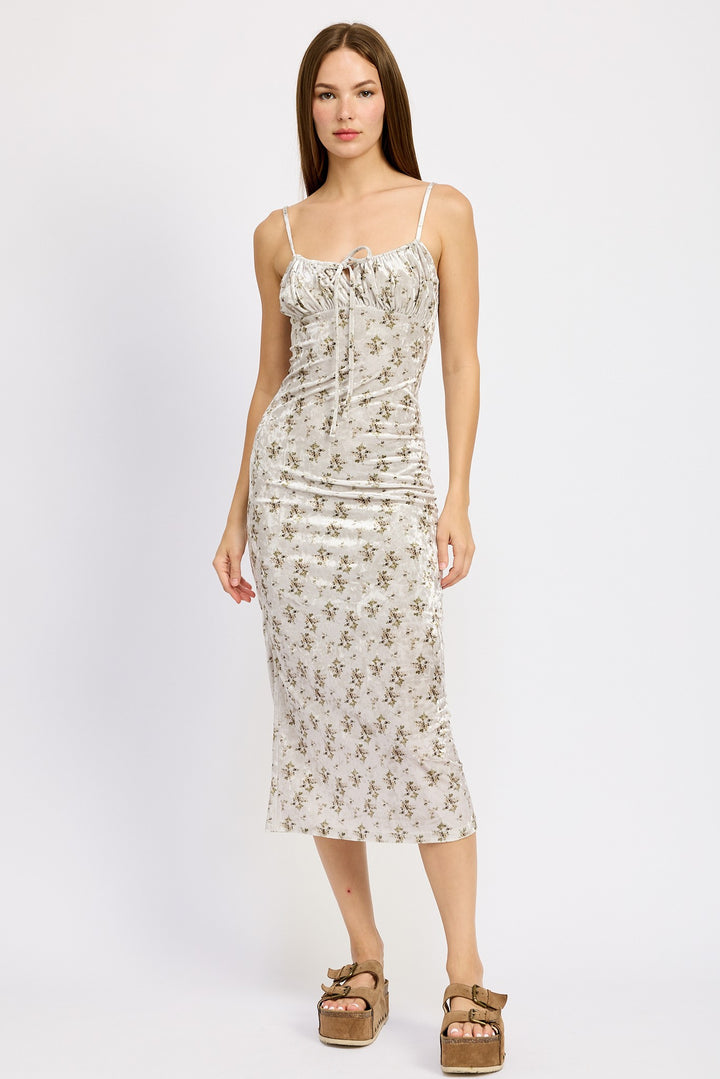 Olive Floral Printed Spaghetti Strap Midi Dress