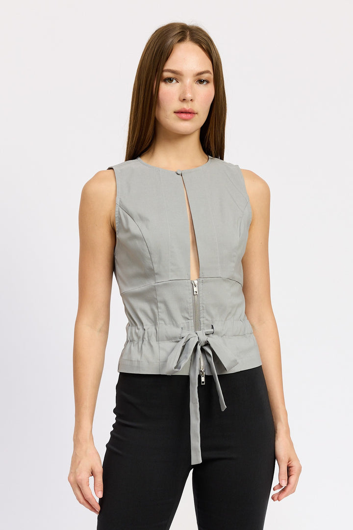 Grey Sleeveless Top With Front Cutout